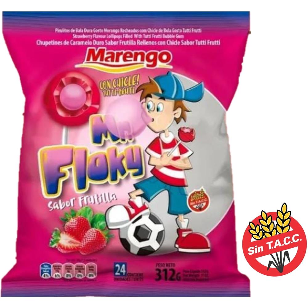 CHUPETIN MR FLOKY FRUTILLA CON CHICLE 24 UNIDADES